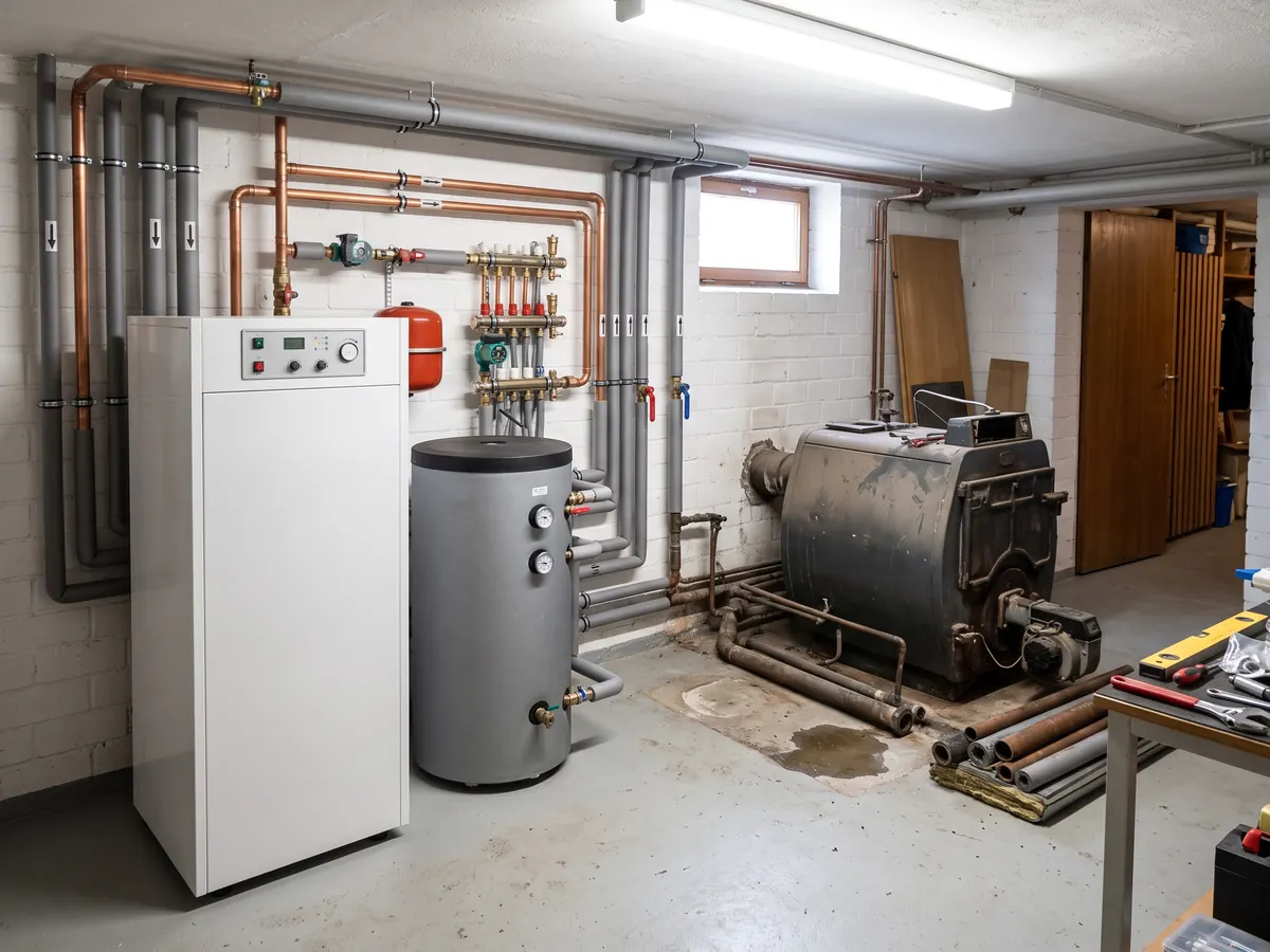 Neu installierte Wärmepumpe im Heizungsraum nach dem Austausch der alten Heizung